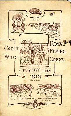 The 1916 Christmas Card from No 1 Cadet Wing at Denham, the last cartoon describing 'our little mud hole in the West'