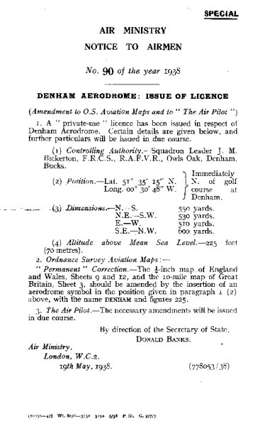 The NOTAM declaring the issuance of the Denham Aerodrome licence on 19 May 1938.