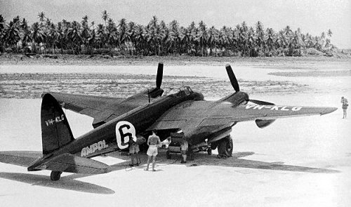 De Havilland dH.98 Mosquito VH-KLG, seen here during its ill-fated transit to the UK during a stop over at the Cocos Islands.