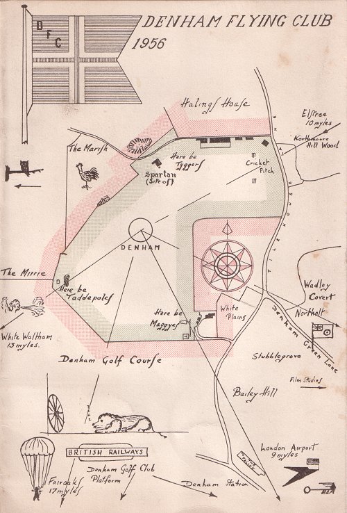 Jim Scarlett, a member of the Denham Flying Club, drew this imaginative treasure map rendition of the aerodrome in 1956.