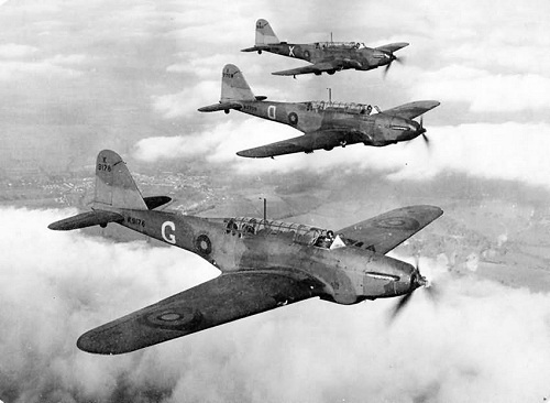 Fairey Battles of 226 Squadron on a practice flight over France in February 1940. The Squadron letters, MQ have been painted out and the national markings have had the white areas removed.