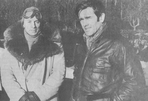 Stunt man Roy Scammel (left) and pilot Neil Williams (right), seen during the advertisement filming at Denham in February 1976.
