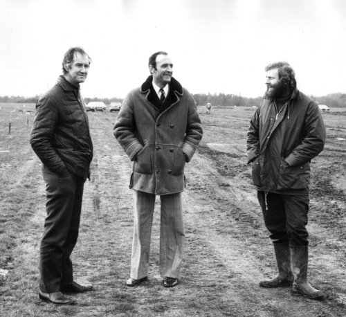 Three of the builders of the new runway, Mr Lewis of Midas Construction who built the runway, Mr Hughes of Genet Plant Hire who supplied the heavy equipment and Mr Fearn of Donald Butler Consulting who were the engineers behind the project.