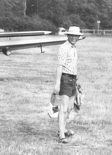 Owen Cubitt, a long time friend of Denham Aerodrome, seen in 1976 with Harry Elkin's Messerschmitt Me 208, an aircraft he helped to rebuild.
