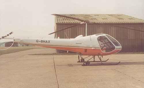 One of Spoonair's Enstrom F-28C-2-UKs, G-BHAX, seen at Denham in early June 1980. This company was to provide helicopter training and charter services at Denham during 1980.