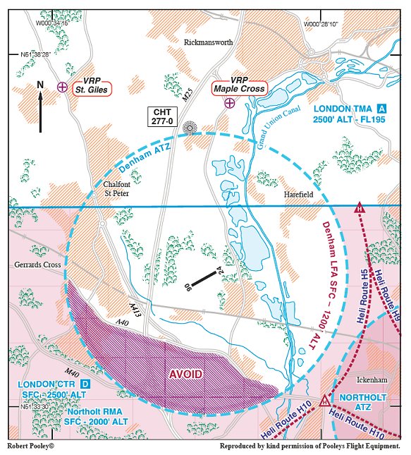 Denham Local Flying Area chart showing VRPs at St Giles and Maple Cross, the Denham ATZ boundary, the LFA up to 1,200 ft, the surrounding London CTR Class D, the Northolt RMA and the AVOID area south of Gerrards Cross.
